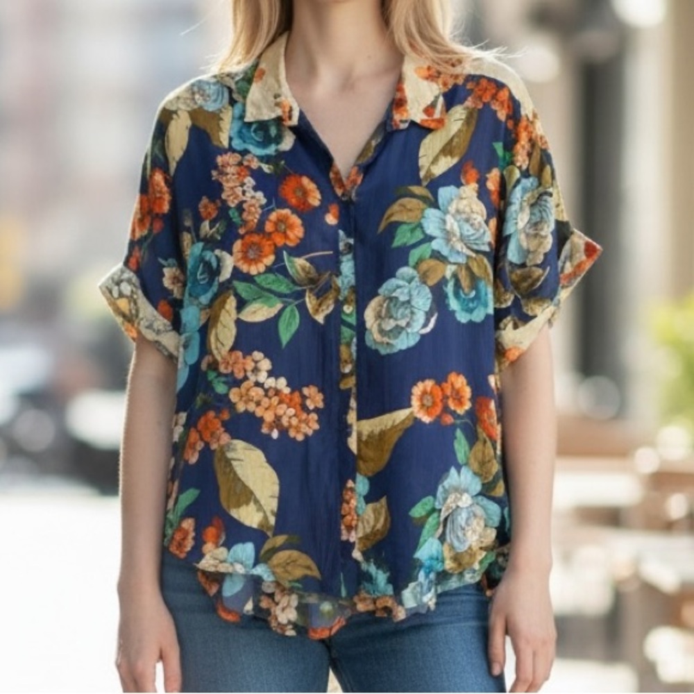 Johnny Was Floral Button-Up Short Sleeve Blouse 100% Rayon Size Small